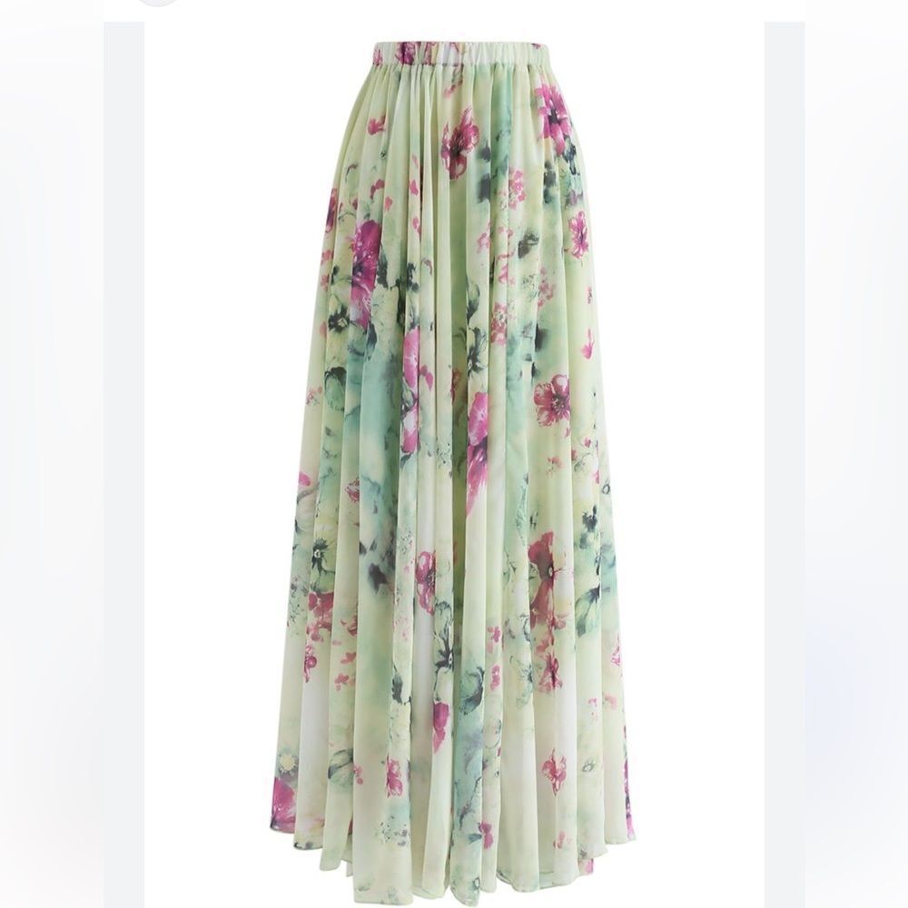 Floral Chiffon Maxi Skirt - Light Green with Pink Floral